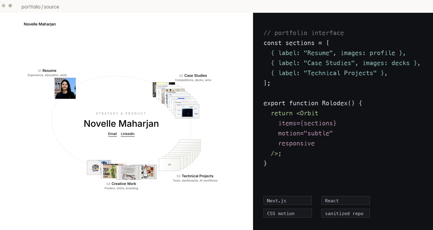Portfolio homepage shown beside a code preview